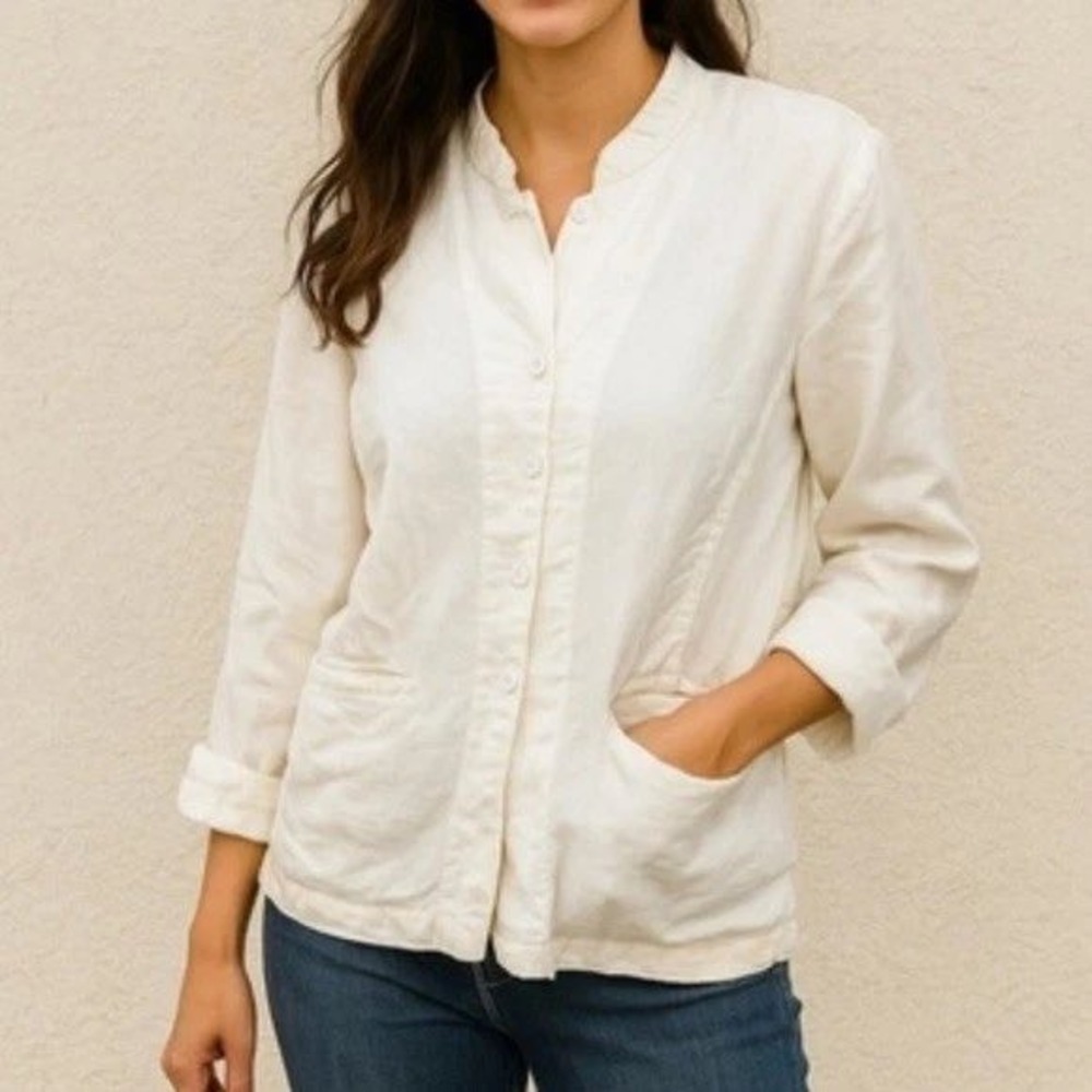Eileen Fisher Womens XL Irish Linen Jacket Cream Collarless Button Front Coat